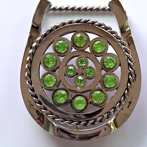 Silver‎ Horseshoe Belt Buckle Lime Green Rhinestone Western